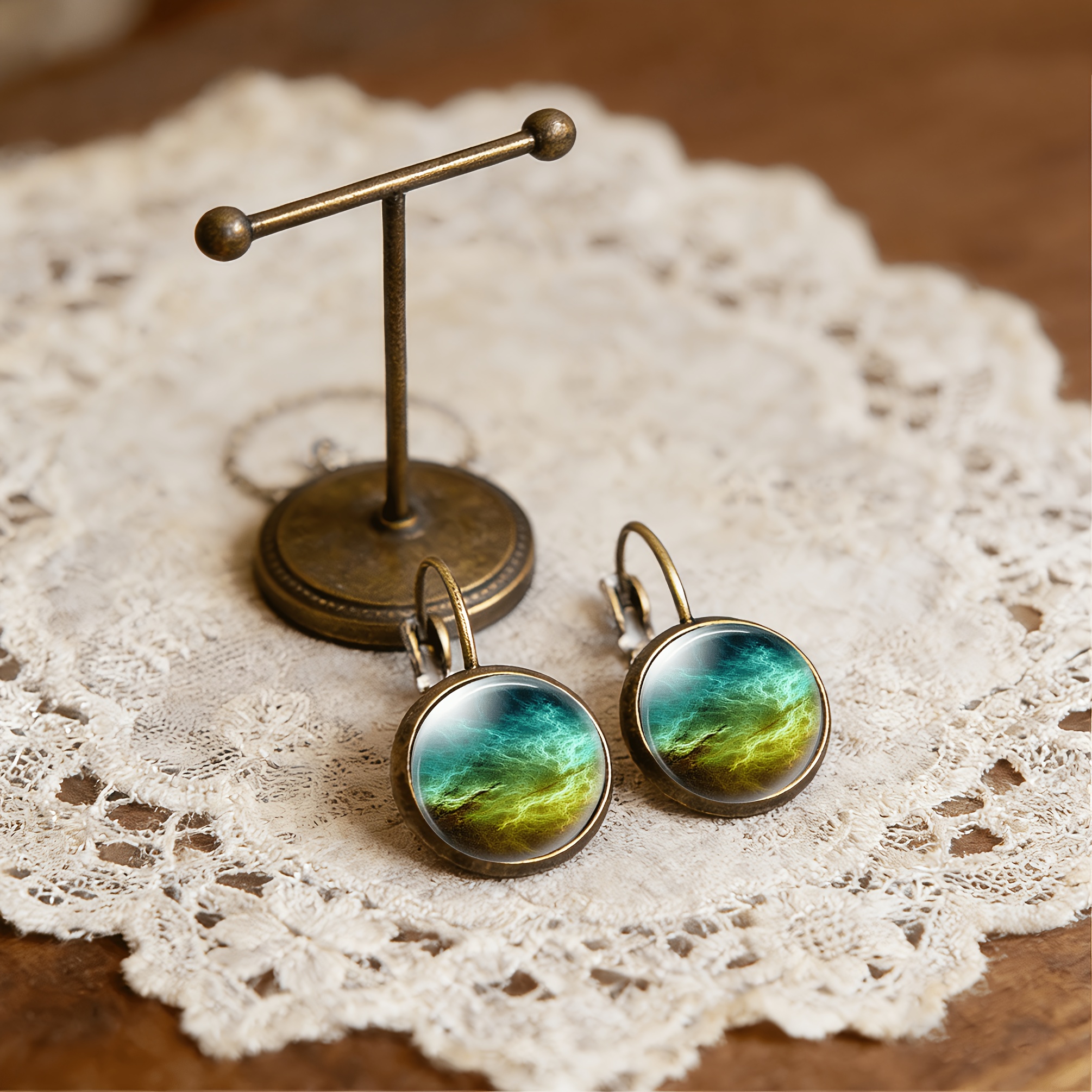 2pc Ancient Teal Classic Earrings Set, Mysterious Design